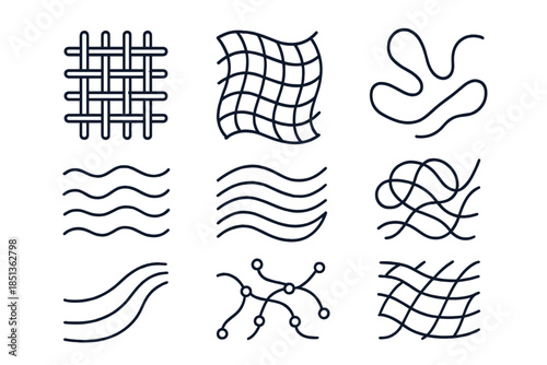 Underwater Textile Mapping Icons. Line style icons of underwater textile mapping: woven thread path, curved marine grid, silk