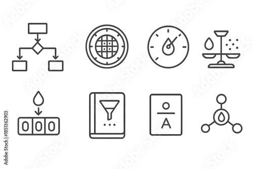 Filtration System Icons. Line style icons of filtration accounting systems: filter flow chart, membrane grid gauge, purity