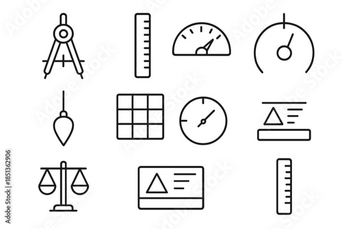 Linguistic Tools Icons. Line style icons of linguistic construction tools: grammar compass, syntax ruler, text level gauge,
