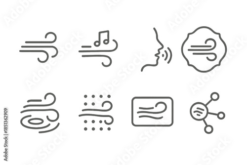 Gentle Breeze Icons. Line style icons of gentle breeze messaging: smooth air path, flow note icon, whisper curve ring, breeze