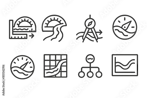 Stream Geometry Icons. Line style icons of stream geometry tools: water angle ruler, river curve protractor, flow vector compass,