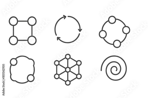 Cyclic Network Diagrams. Line style icons of looping structure networks: cyclic pattern grid, repetition circuit icon, curved