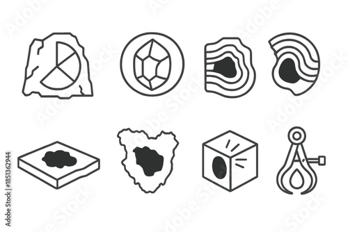 Mineral Void Icons. Line style icons of mineral void narratives: stone void chart, crystal emptiness ring, mineral shell section,