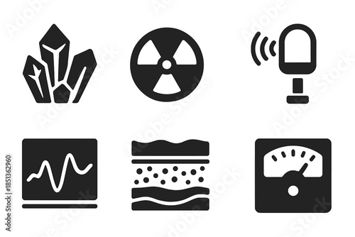 Radiation Tracking Icons. Solid style icons of mineral formation radiation tracking: crystal cluster, radiation symbol, tracking
