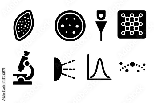 Bio-Silica Microscopy Icons. Solid style icons of bio-silica microscopy: silica cell, petri dish, focus beam, nano pattern,