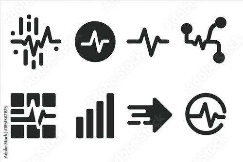 Streaming Data Icons. Solid style icons of streaming data with pulse indicators: digital stream, pulse dot, waveform line,