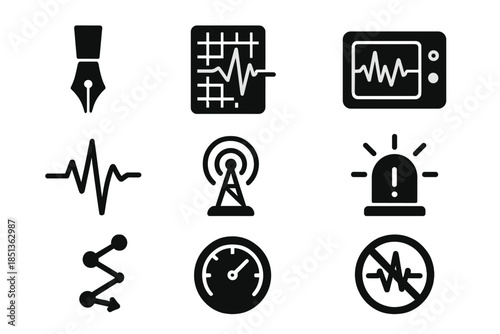 Pen and Seismic Icons. Solid style icons of pen earthquake monitors: fountain pen, tremor grid, waveform display, ink stroke,