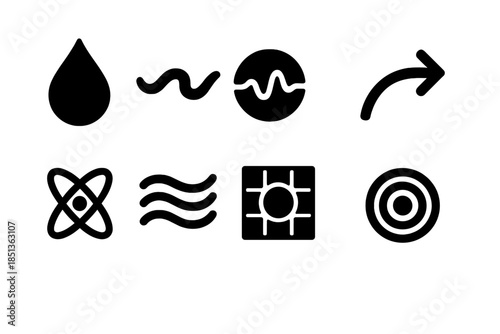 Liquid Motion Icons. Solid style icons of liquid motion with oscillation: droplet, wave loop, pulse circle, directional arrow,