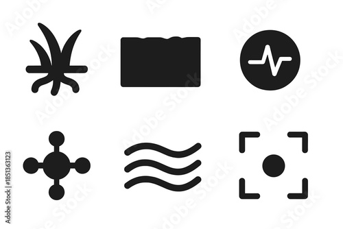 Vegetative Erosion Icons. Solid style icons of vegetative erosion defense: grass root, barrier wall, pulse circle, directional