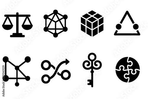 Symbolic Reasoning Icons. Solid style icons of symbolic reasoning: balance scales, geometric pattern, logic cube, triangle