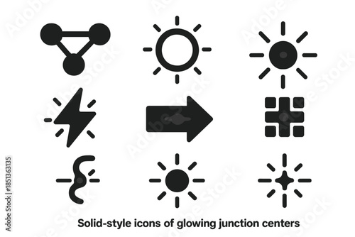 Glowing Junction Icons. Solid style icons of glowing junction centers: link node, bright ring, pulse circle, energy streak,