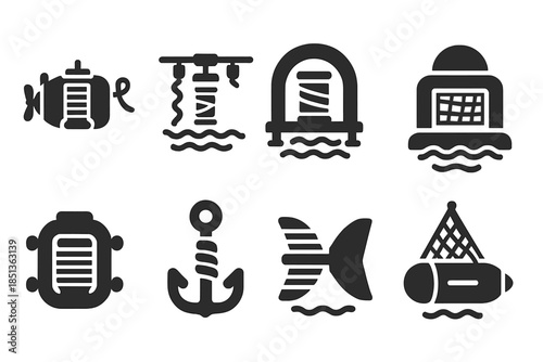 Aquatic Textile Icons. Solid style icons of aquatic thread vessels: textile sub, silk-harvesting drone, underwater weaving chamber