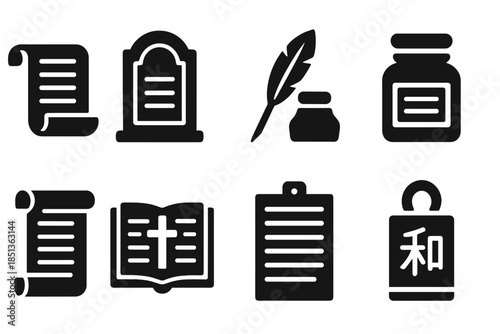 Burial Manuscript Icons. Solid style icons of burial manuscript systems: rolled papyrus, grave record tablet, ceremonial quill,
