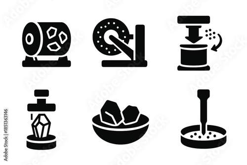 Mineral Grinding Icons. Solid style icons of mineral grinding systems: rotary shard mill, stone particle wheel, dust separator