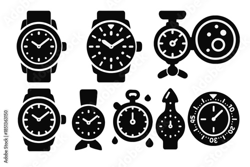 Underwater Watch Icons. Solid style icons of underwater chronographs: pressure-resistant watch, luminous time gauge, marine gear