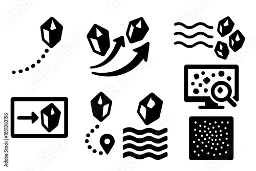 Crystalline Migration Icons. Solid style icons of crystalline migration study: gem path trace, mineral motion curve, clustered