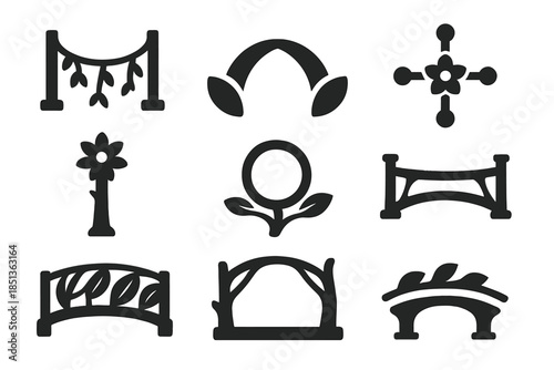 Botanical Bridge Engineering Icons. Solid style icons of botanical bridge engineering: vine suspension link, petal arch support,