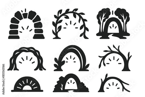 Shimmering Natural Archway. Solid style icons of a shimmering natural archway: radiant stone arch, glowing vine curve, sunlight