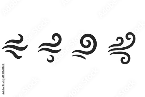 Spiral Wind Icons. Solid style icons of a gentle wind creating a winding path upward: swirling breeze trail, curved air ribbon,