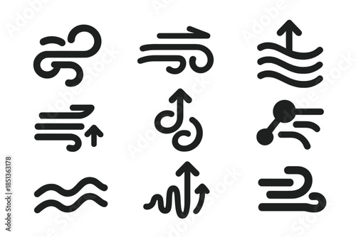 Atmospheric Motion Icons. Solid style icons of atmospheric motion trails: dynamic airflow loop, gust path diagram, breeze