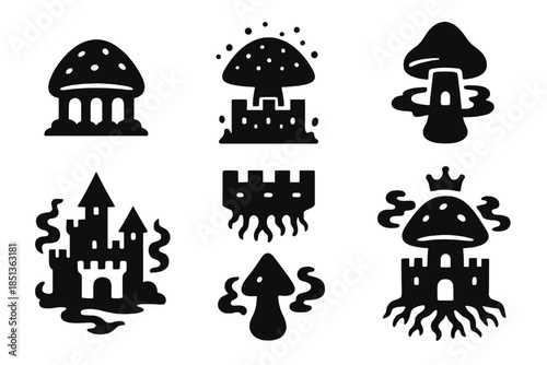 Spectral Spore Castle. Solid style icons of a spectral spore castle: fungal fortress dome, glowing spore battlement, mist-ringed