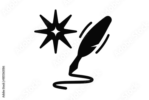 Celestial Ink Quill. Solid style icons of a distant star writing with a shaking pen: radiant star quill, trembling ink trail,