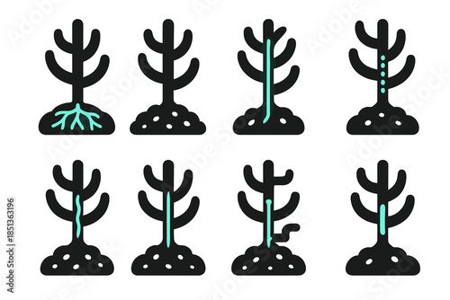 Desert Plant Glowing System. Solid style icons of a desert plant's water system with noble gas: glowing root channel, xenon-filled