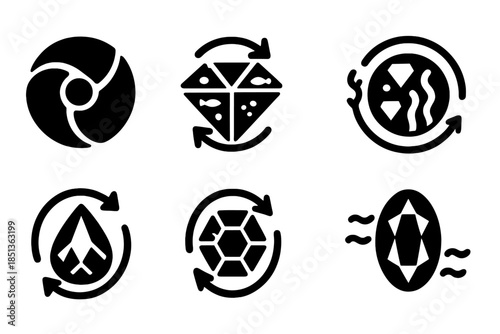 Oceanic Jewel Icons. Solid style icons of a rotating jewel with ocean drifters: spinning sapphire disk, aquatic diamond reel,