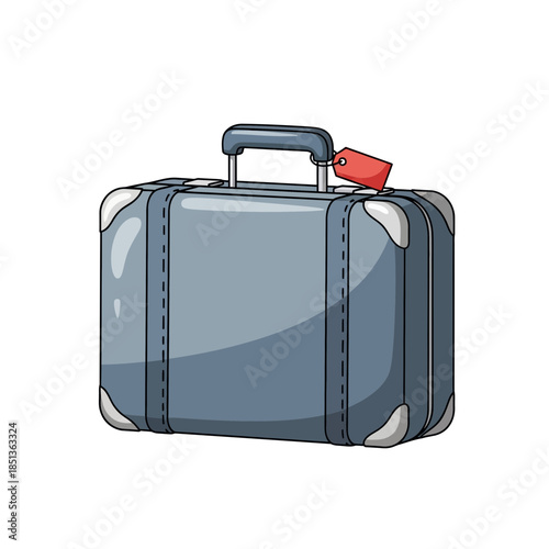 Airline checked luggage with handle and red baggage tag for travel baggage identifier