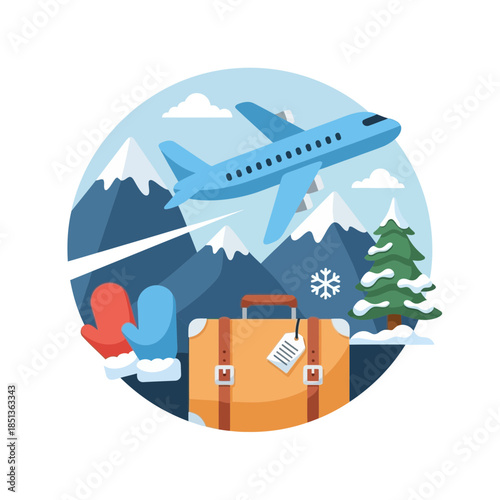 exciting winter mountain travel scene with airplane, snow, and luggage in scenic landscape