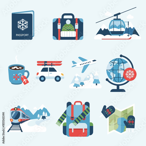 Collection of travel and transportation icons featuring various modes of travel and global