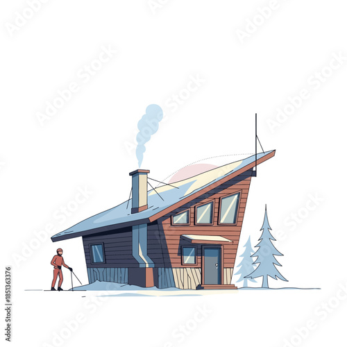 modern eco-friendly house with solar panels and chimney emitting smoke in a snowy landscape