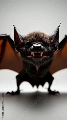 Close up of a bat with open mouth and sharp teeth.