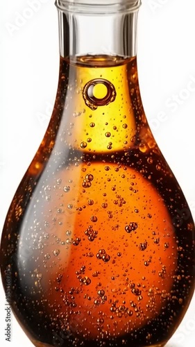 Close up of amber liquid with bubbles in a glass bottle.