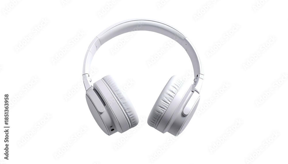 Fototapeta premium Overhead, white, wireless headphones isolated on a black background