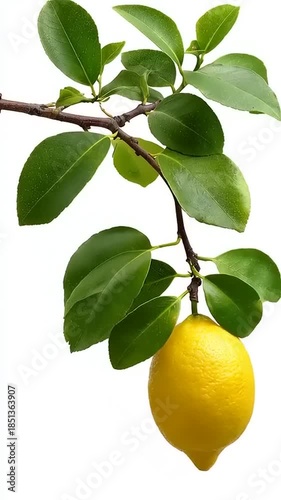 A single ripe yellow lemon hangs from a branch with green leaves on a white background.