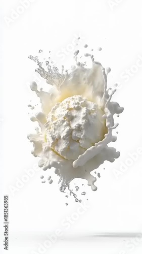 Dynamic Milk Splash with Ice Cream Scoop on White Background.