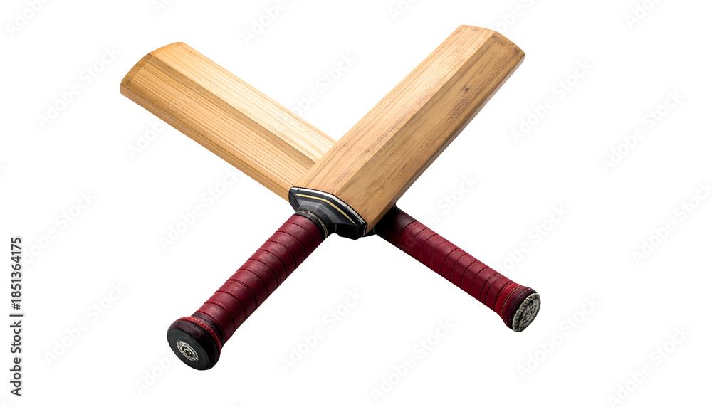 Fototapeta premium Two crossed wooden bats, reddish grips, isolated against a solid black backdrop