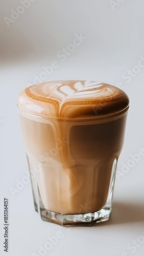 Close-up of a delicious latte macchiato with frothy milk and a heart-shaped latte art design, perfect for a cozy morning or an afternoon pick-me-up.