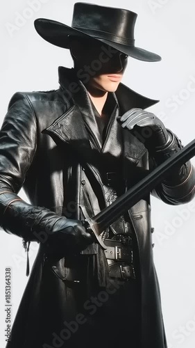 Mysterious Figure in Black Leather Coat and Hat Holding a Sword.