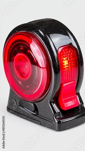 Close-up of a black and red bicycle taillight, illuminating the path for cyclists.