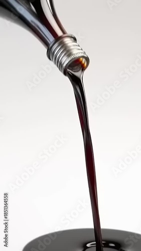 Dark Liquid Poured from a Clear Glass Bottle with a Silver Cap on a White Background.