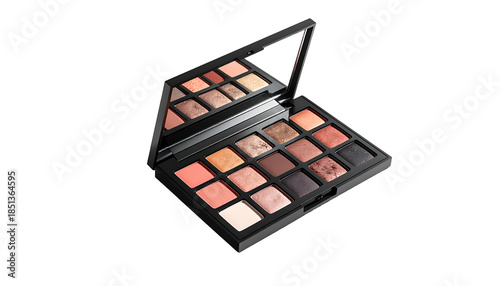 Open black makeup palette with sixteen varied eyeshadow shades and a built-in mirror