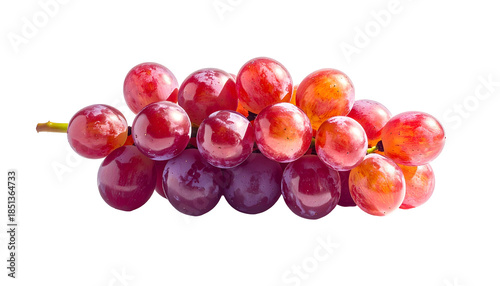 A cluster of fresh, ripe red grapes with stems, isolated on a stark black background