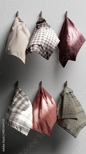 Six different patterned and colored kitchen towels hanging on a light gray wall, showcasing various textures and designs in a minimalist setting.