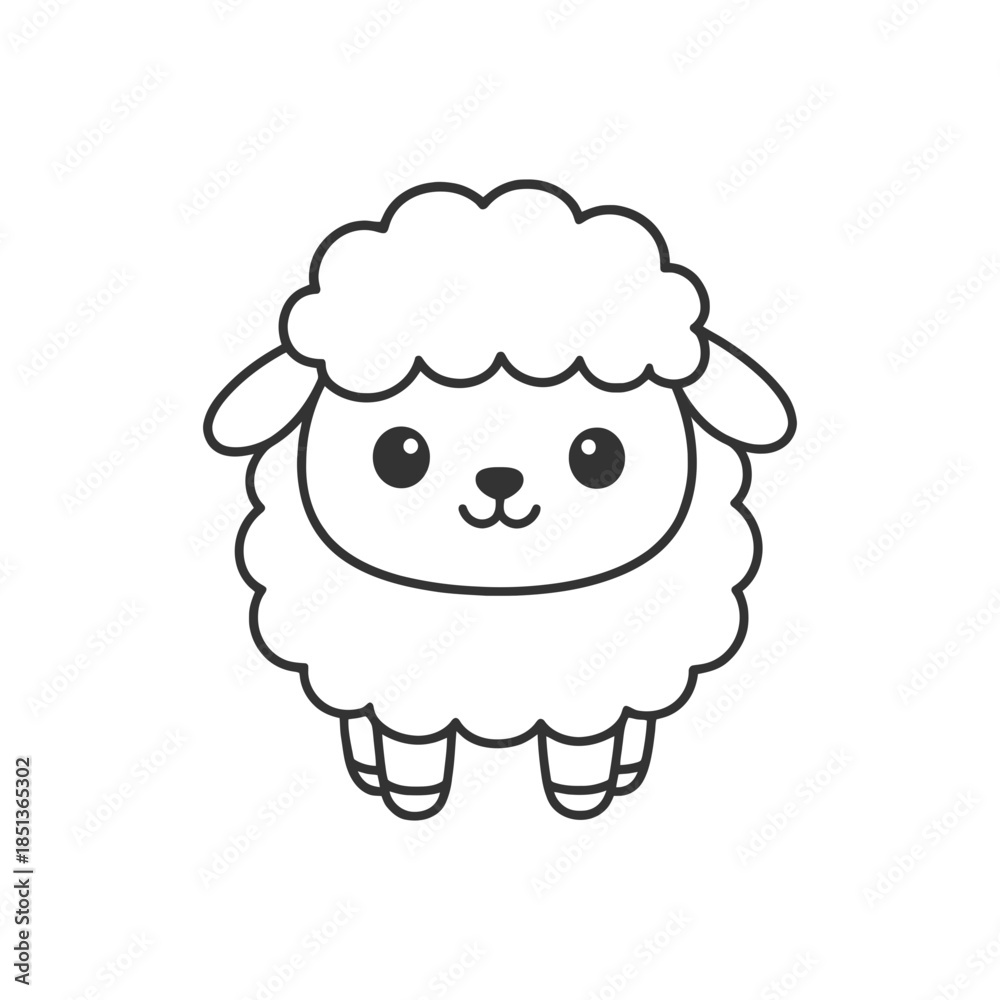Obraz premium Cute cartoon sheep standing on grass with fluffy wool and a happy smile