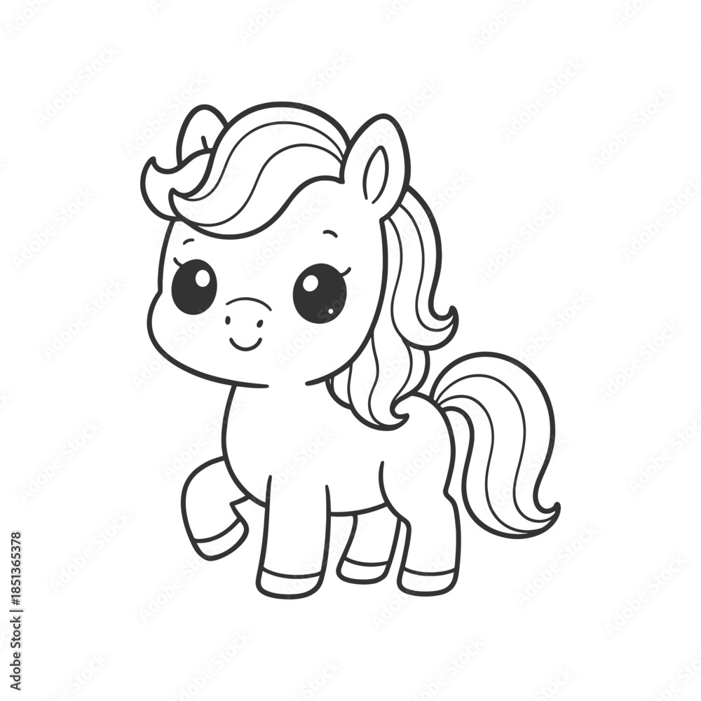 Fototapeta premium Cute cartoon pony for coloring page smiling happily