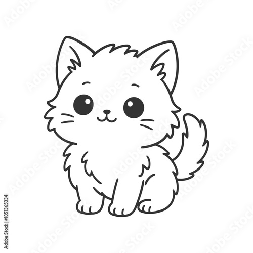 Cute cartoon kitten sitting with a happy face and fluffy tail
