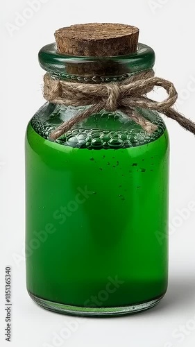 Mysterious Green Potion in a Small Glass Bottle with Cork and Twine.