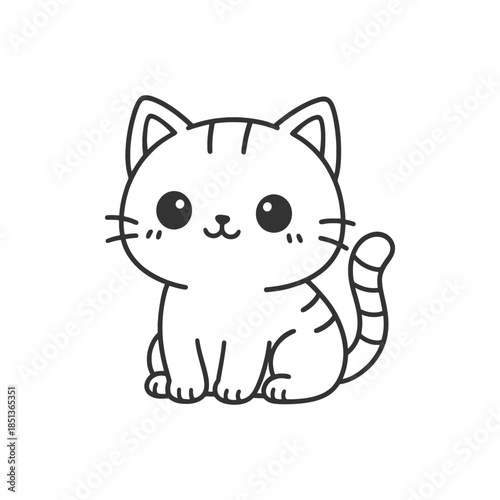 Cute cartoon kitten sitting happily with a smiling face and fluffy tail illustration